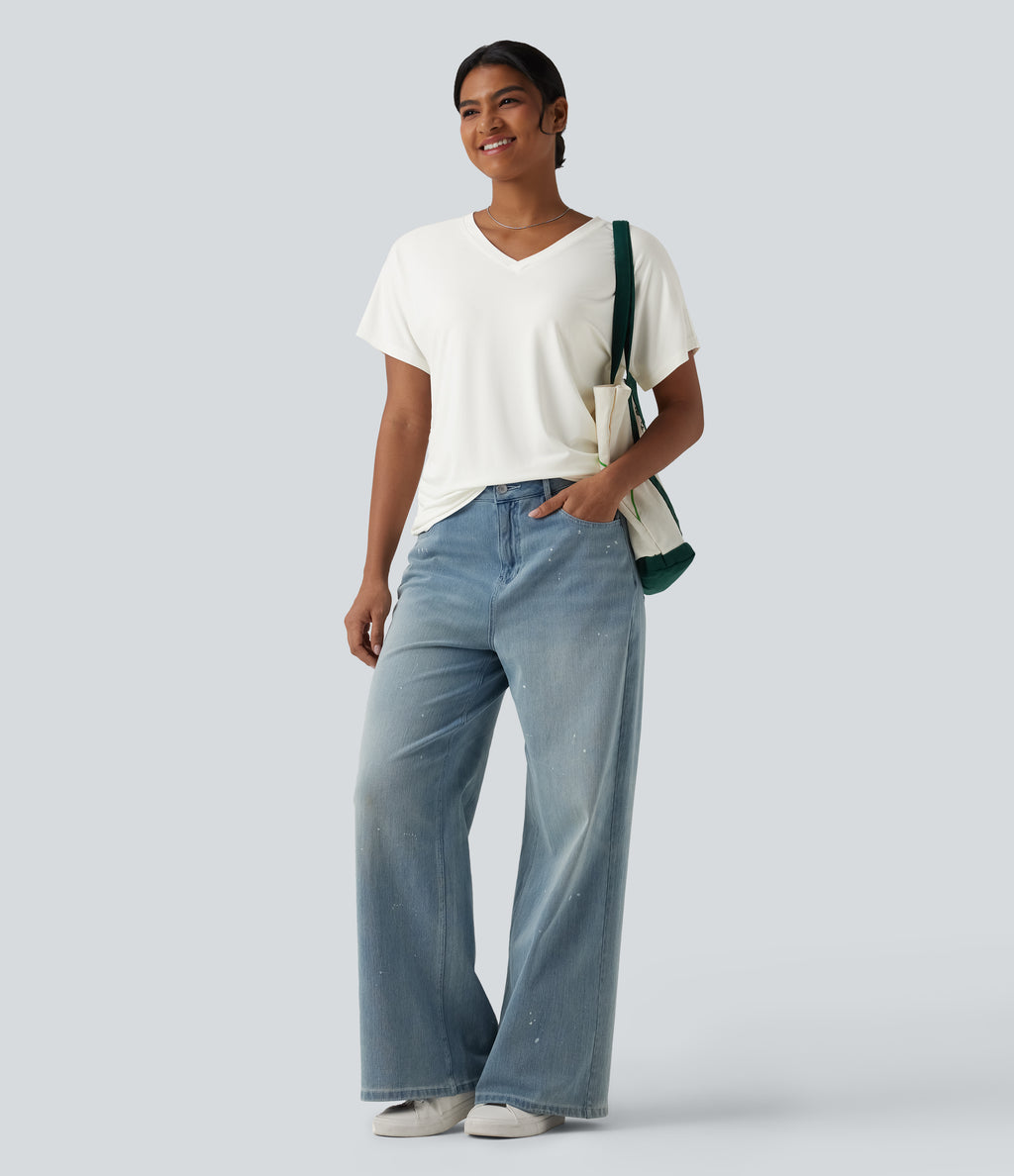 V-neck Short Sleeve Ruched Plain Casual T-Shirt — White — view 7