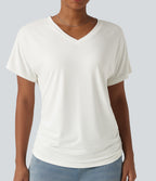 V-neck Short Sleeve Ruched Plain Casual T-Shirt — White — view 1