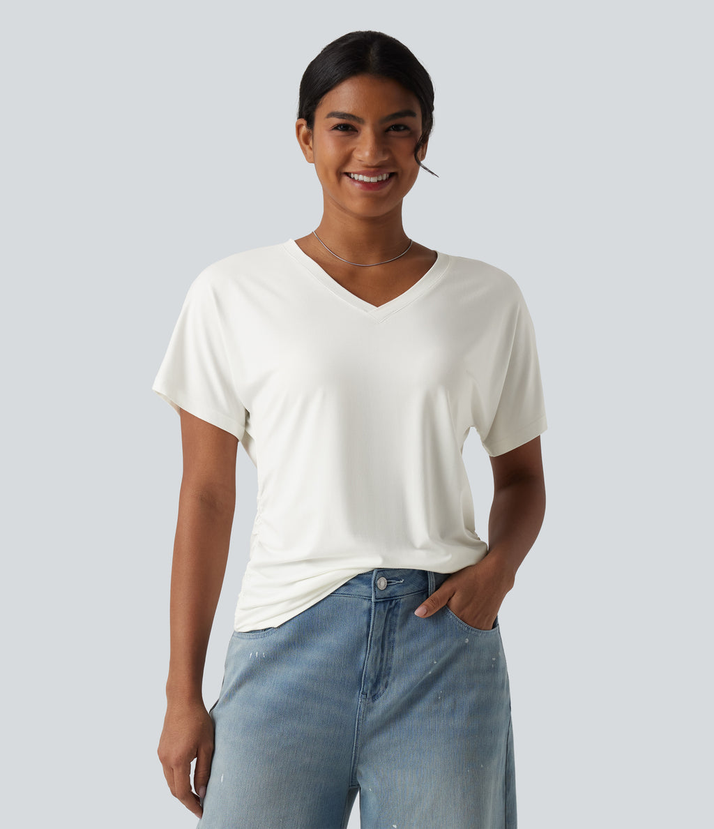V-neck Short Sleeve Ruched Plain Casual T-Shirt — White — view 4