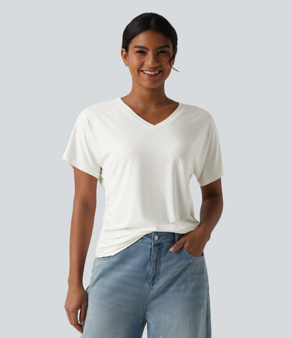 V-neck Short Sleeve Ruched Plain Casual T-Shirt — White — view 4