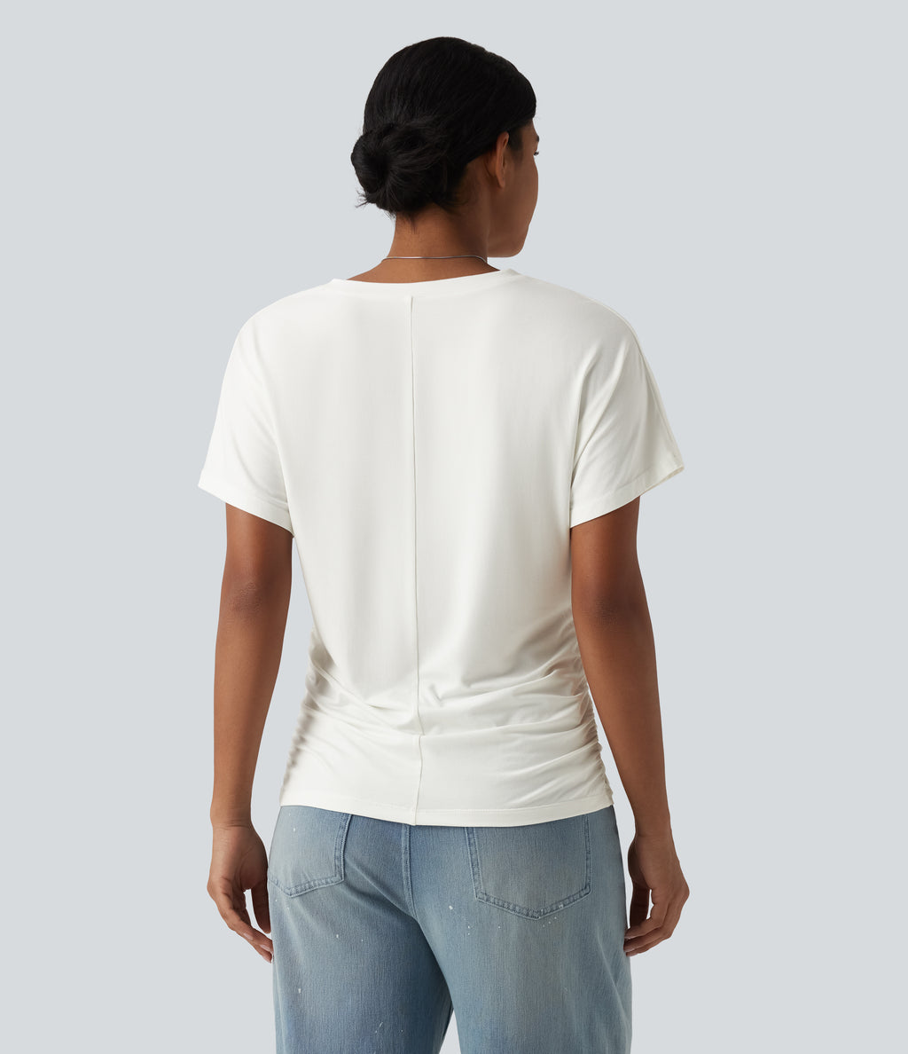 V-neck Short Sleeve Ruched Plain Casual T-Shirt — White — view 2