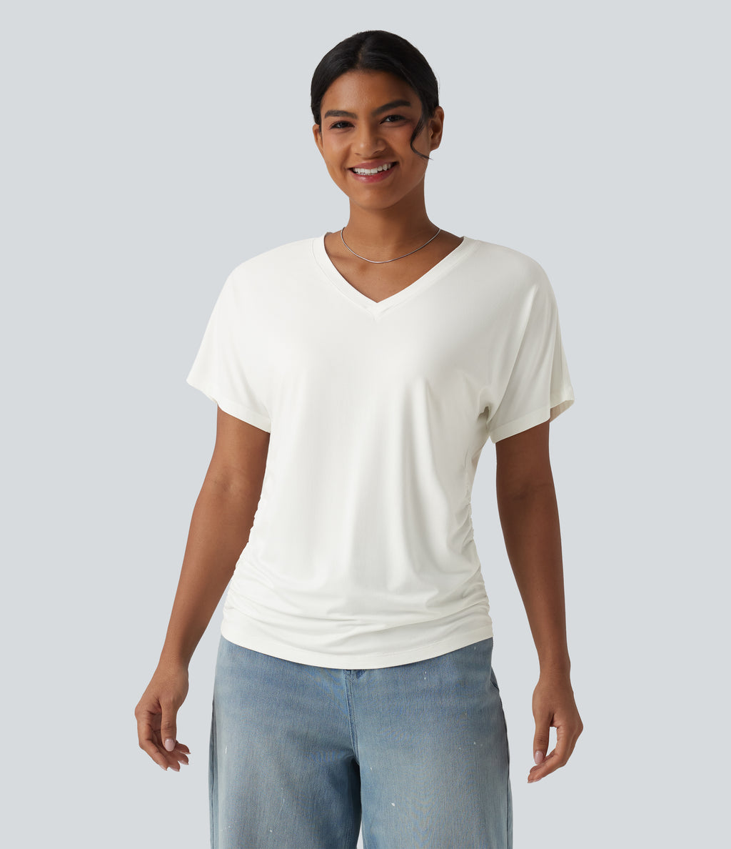 V-neck Short Sleeve Ruched Plain Casual T-Shirt — White — view 6