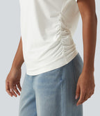 V-neck Short Sleeve Ruched Plain Casual T-Shirt — White — view 5
