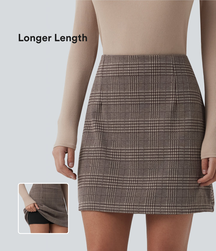 High Waisted 2-in-1 Houndstooth Plaid Mini Work Skirt-Longer Length — Brown Houndstooth Plaid — view 1
