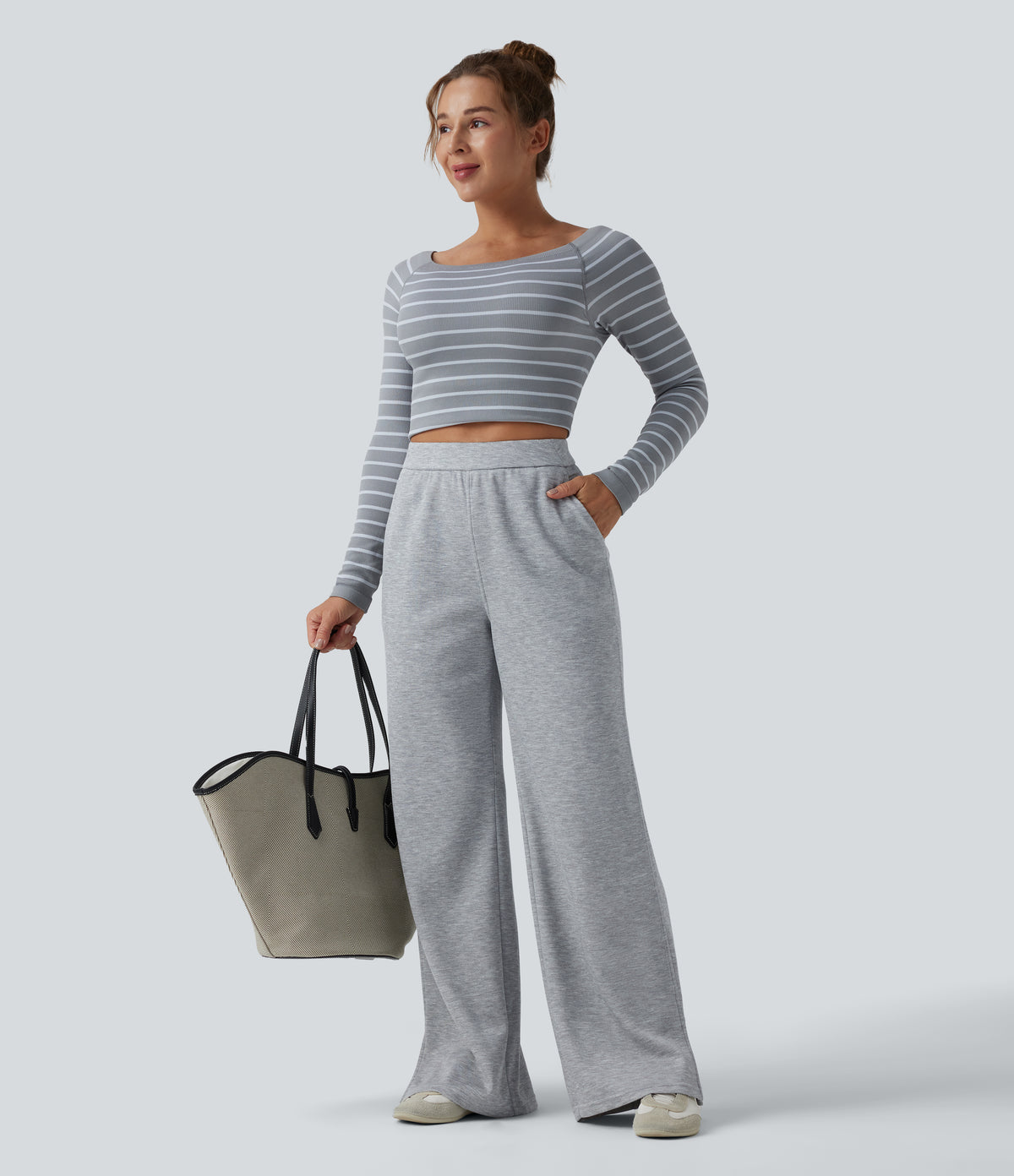 SpacerTek High Waisted Straight Leg Casual Sweatpants with Pockets — Grey Space — view 7