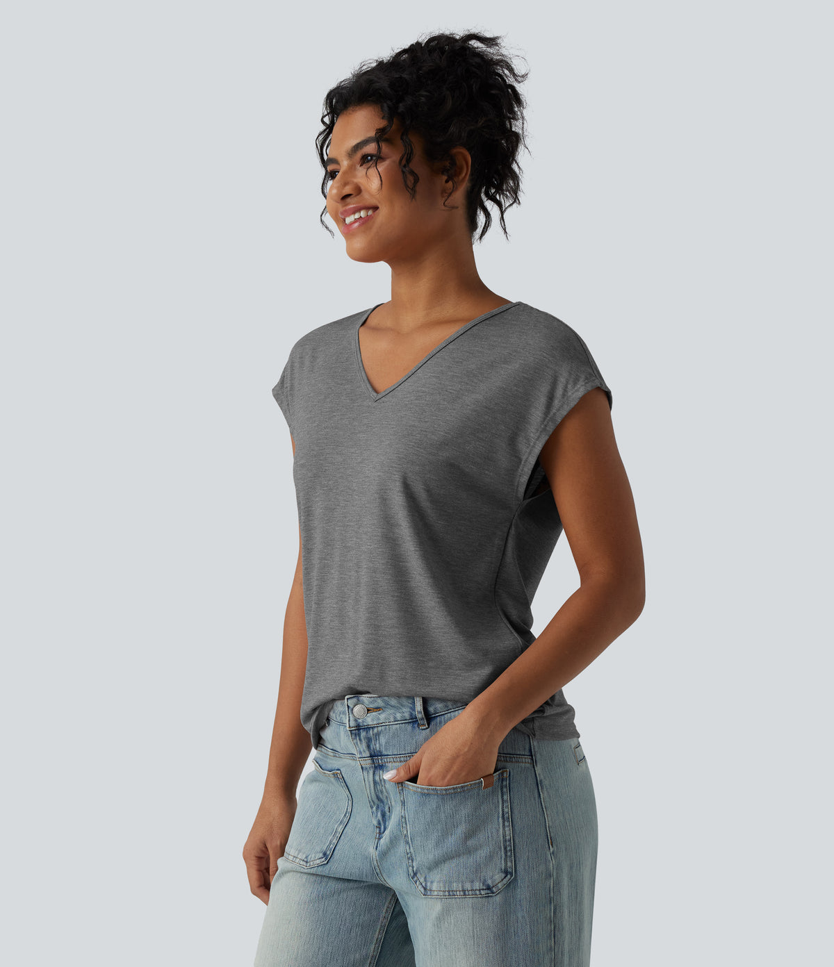 V Neck Short Sleeve Relaxed Heathered Casual T-Shirt — Darl Gray Floral Yarn — view 3