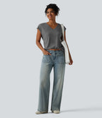 V Neck Short Sleeve Relaxed Heathered Casual T-Shirt — Darl Gray Floral Yarn — view 6