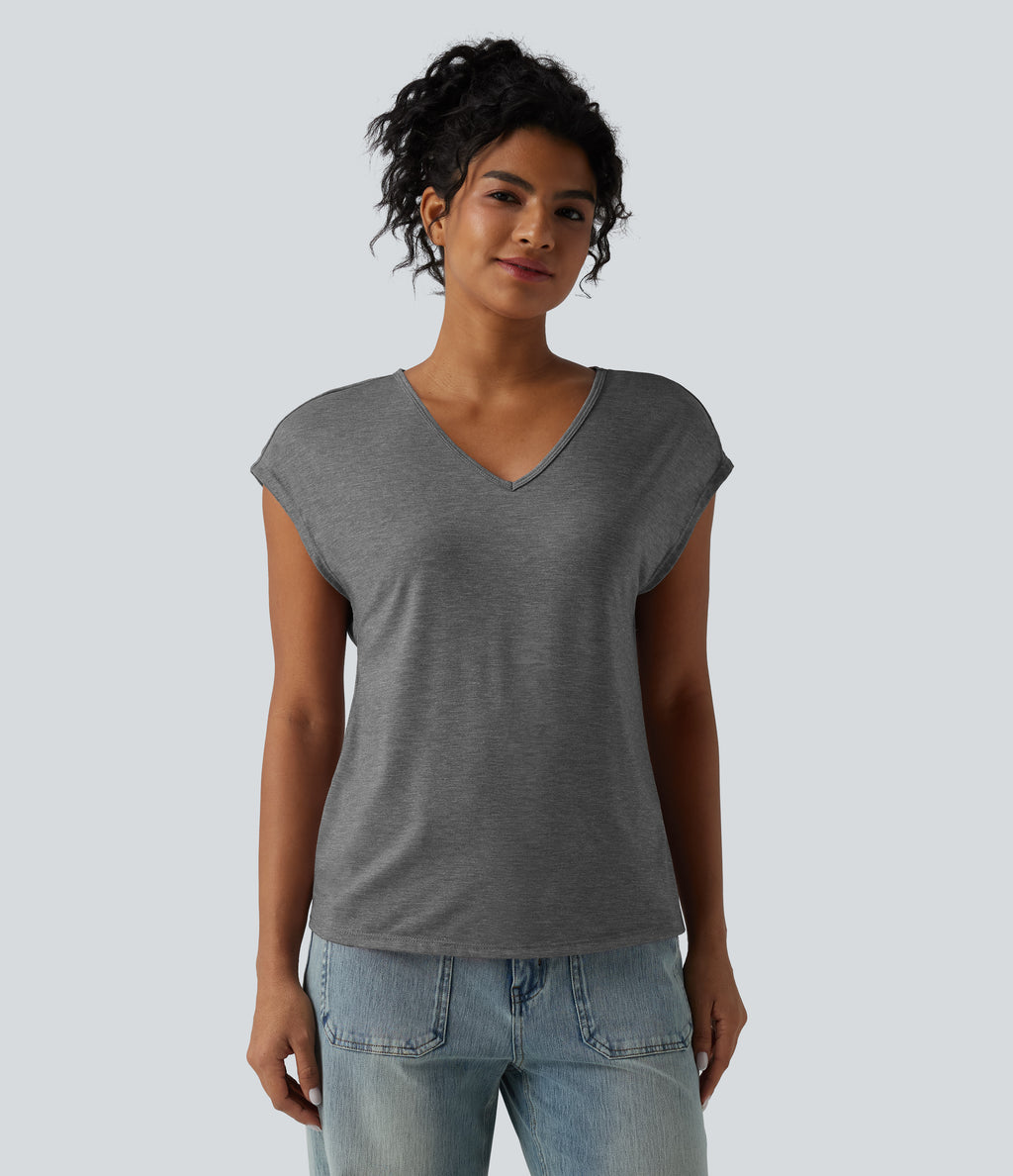 V Neck Short Sleeve Relaxed Heathered Casual T-Shirt — Darl Gray Floral Yarn — view 5