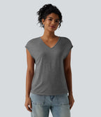 V Neck Short Sleeve Relaxed Heathered Casual T-Shirt — Darl Gray Floral Yarn — view 5