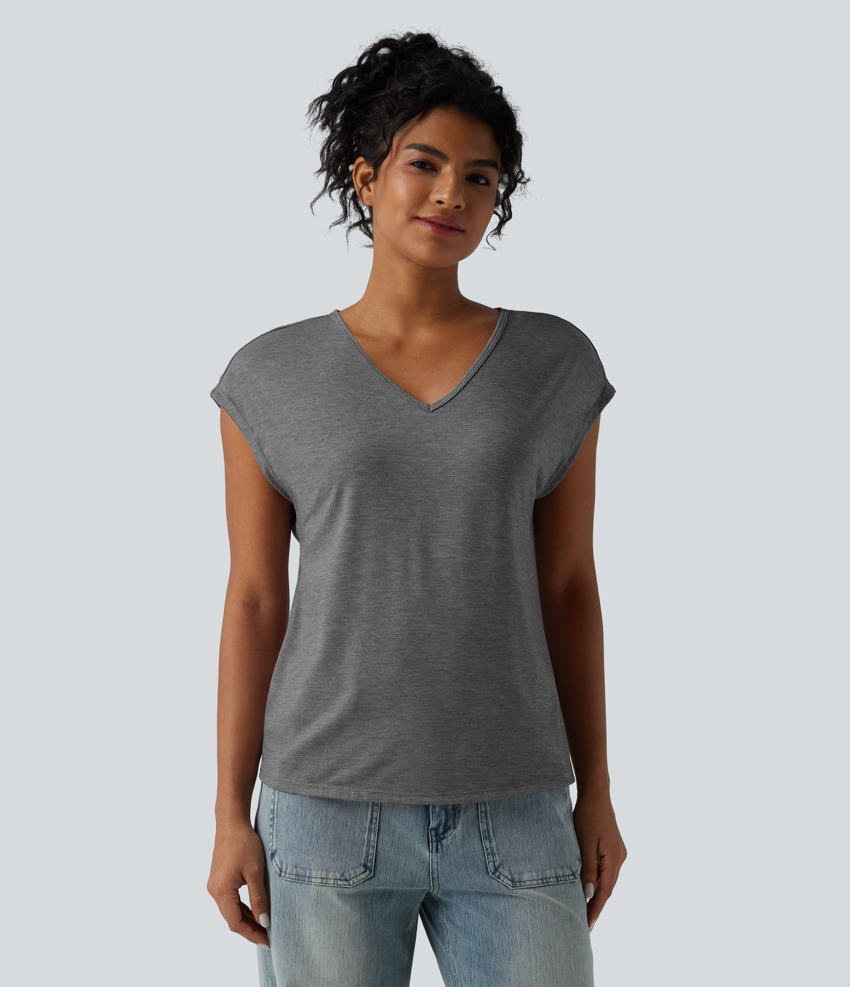 V Neck Short Sleeve Relaxed Heathered Casual T-Shirt — Darl Gray Floral Yarn — view 5