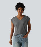 V Neck Short Sleeve Relaxed Heathered Casual T-Shirt — Darl Gray Floral Yarn — view 1