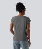 V Neck Short Sleeve Relaxed Heathered Casual T-Shirt — Darl Gray Floral Yarn — view 2