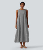 Round Neck Sleeveless Midi Crinkle Gingham Casual Tank Dress with Pockets — Black White Bubble Grid — view 4