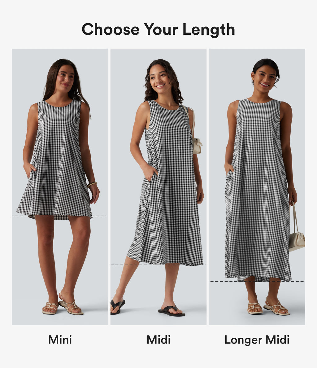 Round Neck Sleeveless Midi Crinkle Gingham Casual Tank Dress with Pockets — Black White Bubble Grid — view 2