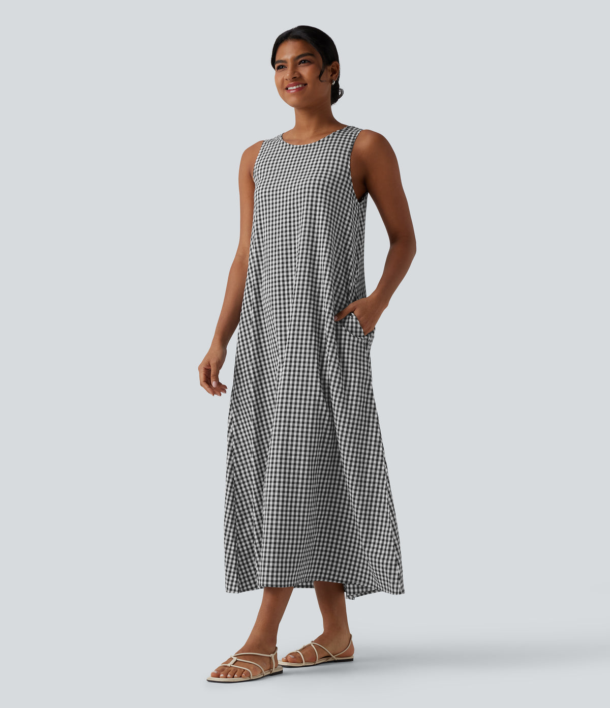Round Neck Sleeveless Midi Crinkle Gingham Casual Tank Dress with Pockets — Black White Bubble Grid — view 1