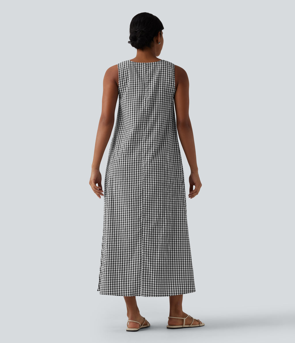Round Neck Sleeveless Midi Crinkle Gingham Casual Tank Dress with Pockets — Black White Bubble Grid — view 3