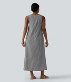Round Neck Sleeveless Midi Crinkle Gingham Casual Tank Dress with Pockets — Black White Bubble Grid — view 3