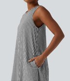 Round Neck Sleeveless Midi Crinkle Gingham Casual Tank Dress with Pockets — Black White Bubble Grid — view 5