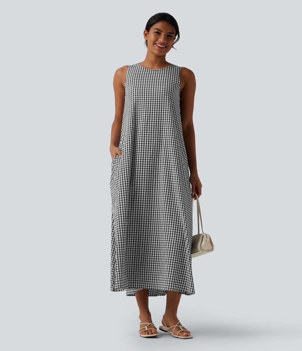 Round Neck Sleeveless Midi Crinkle Gingham Casual Tank Dress with Pockets — Black White Bubble Grid — view 6