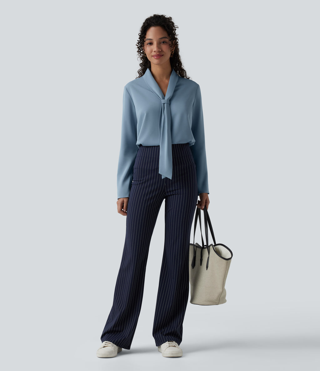Wrinkle Recovery V-neck Long Sleeve Relaxed Work Tie Blouse — Mountain Spring — view 7