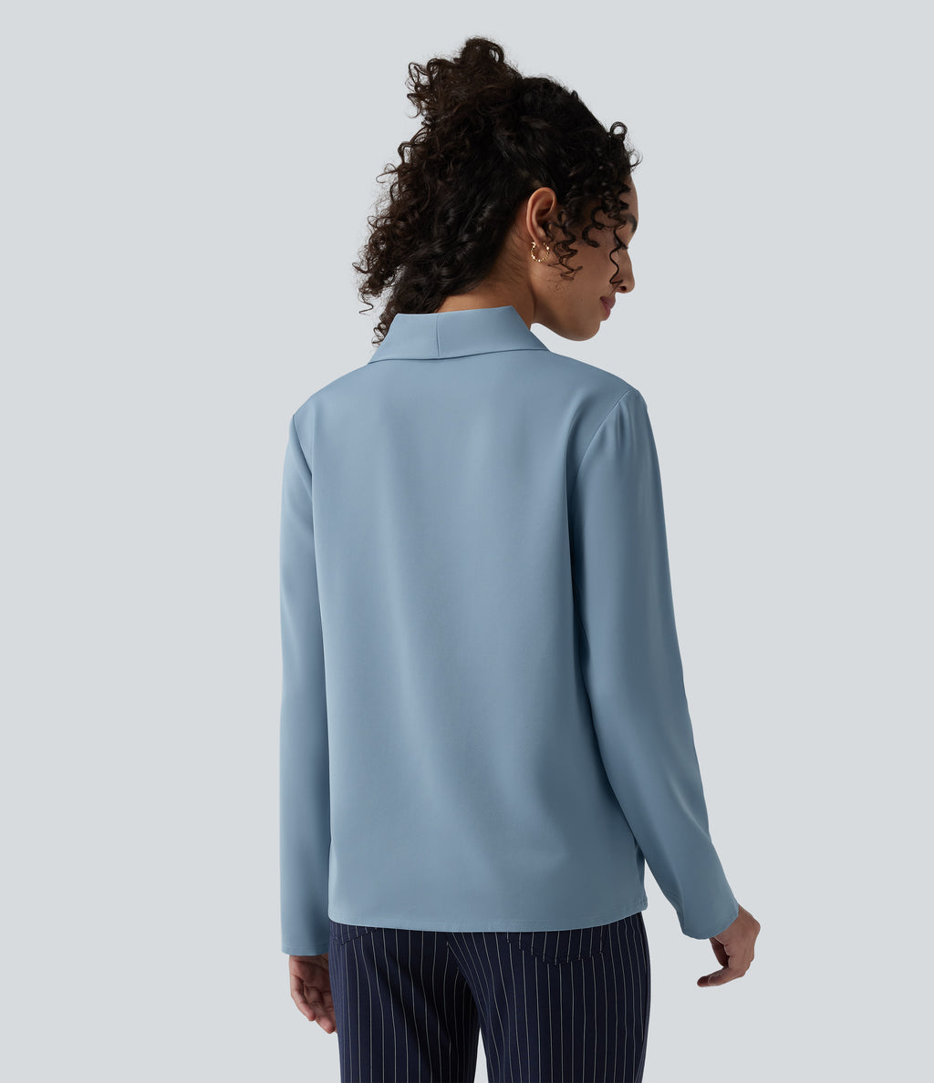 Wrinkle Recovery V-neck Long Sleeve Relaxed Work Tie Blouse — Mountain Spring — view 2