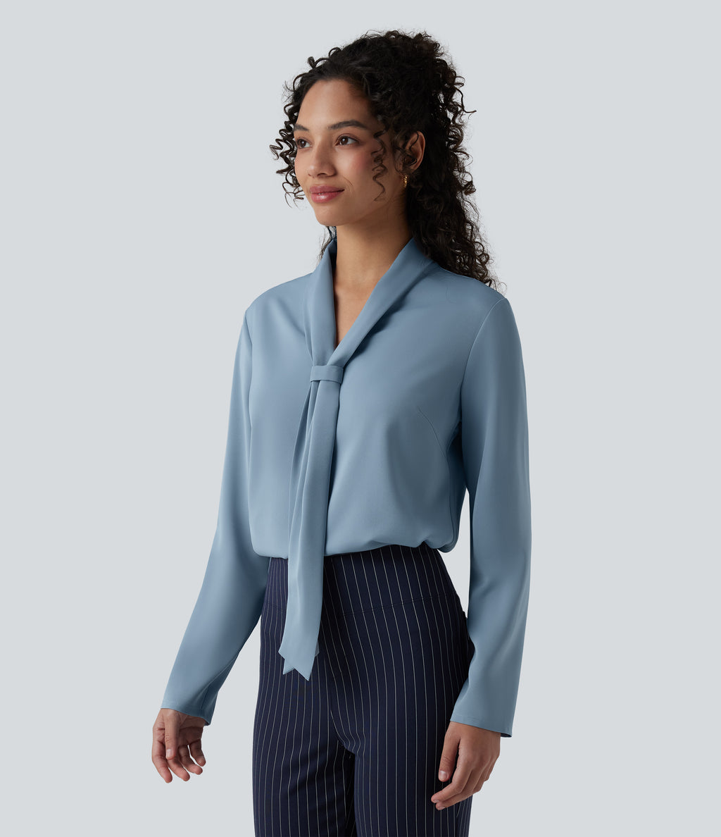 Wrinkle Recovery V-neck Long Sleeve Relaxed Work Tie Blouse — Mountain Spring — view 3
