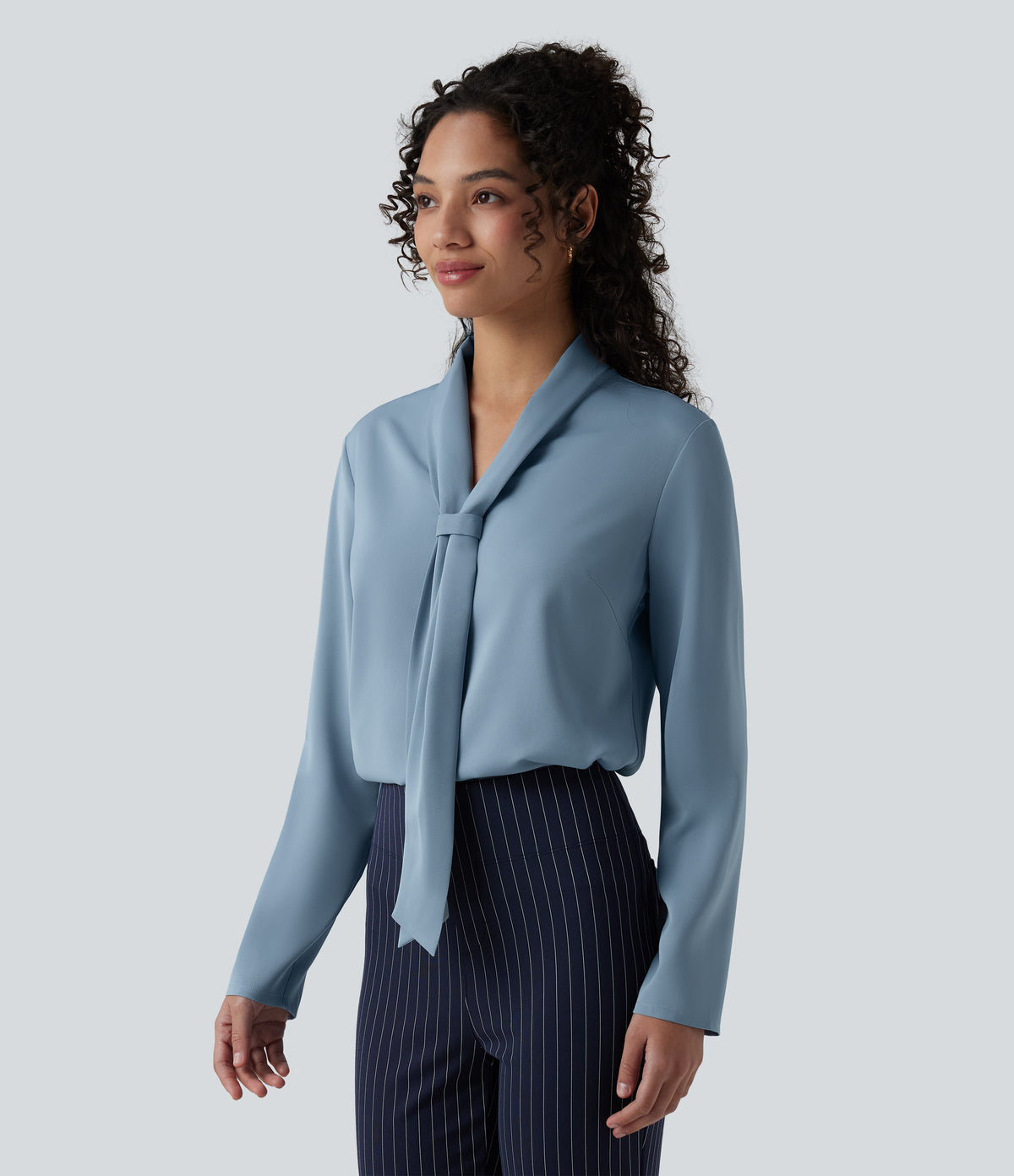 Wrinkle Recovery V-neck Long Sleeve Relaxed Work Tie Blouse — Mountain Spring — view 3