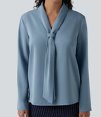 Wrinkle Recovery V-neck Long Sleeve Relaxed Work Tie Blouse — Mountain Spring — view 5