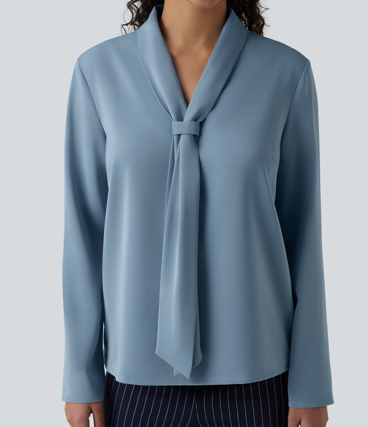 Wrinkle Recovery V-neck Long Sleeve Relaxed Work Tie Blouse — Mountain Spring — view 5