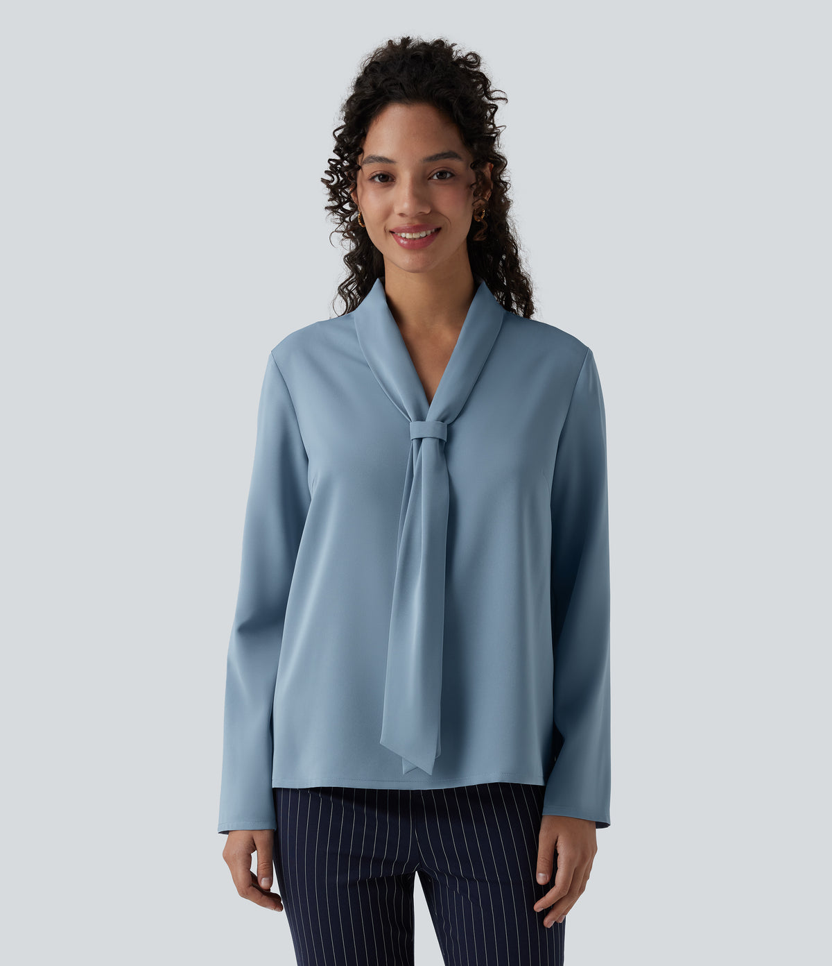 Wrinkle Recovery V-neck Long Sleeve Relaxed Work Tie Blouse — Mountain Spring — view 6