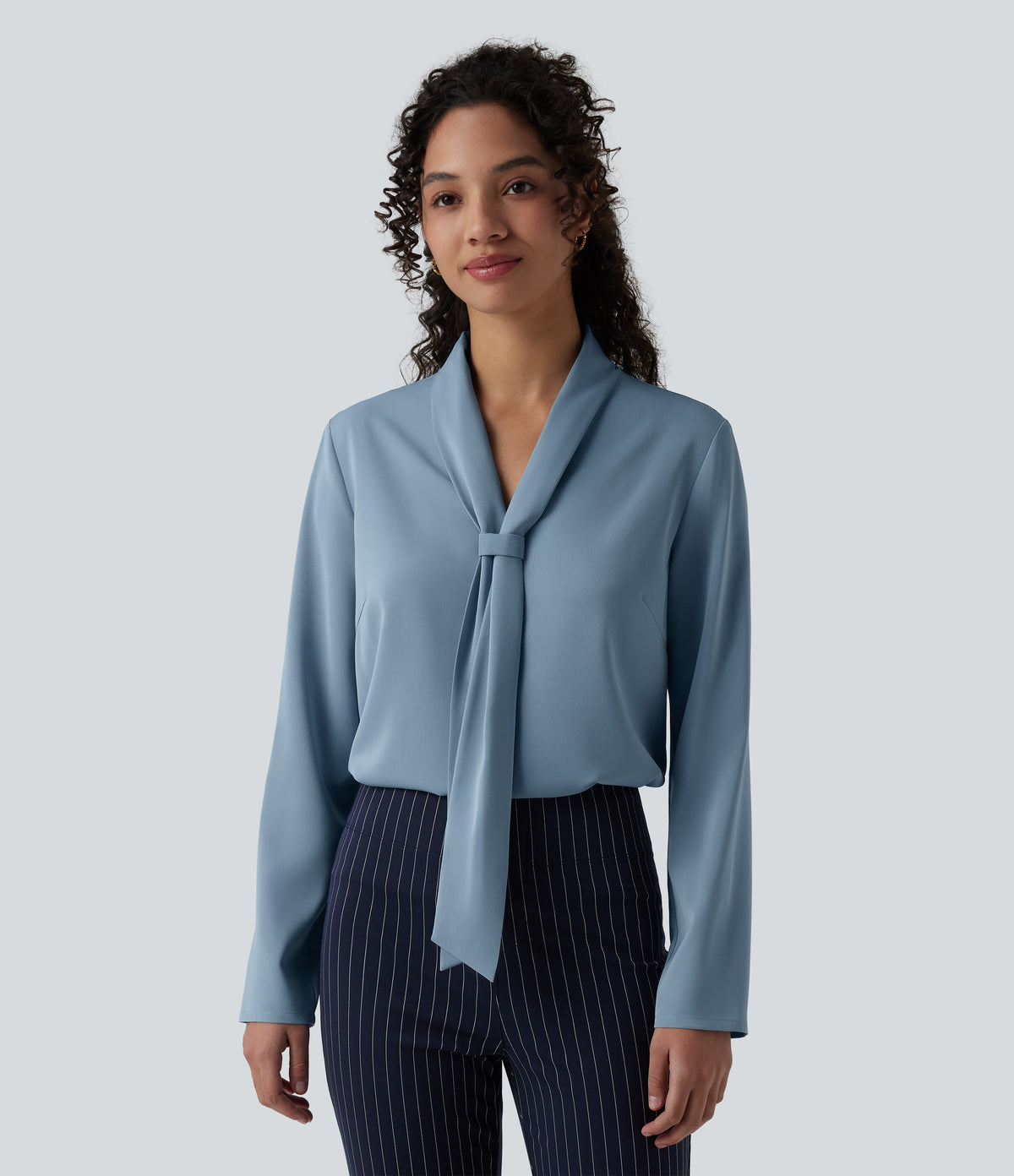 Wrinkle Recovery V-neck Long Sleeve Relaxed Work Tie Blouse — Mountain Spring — view 1