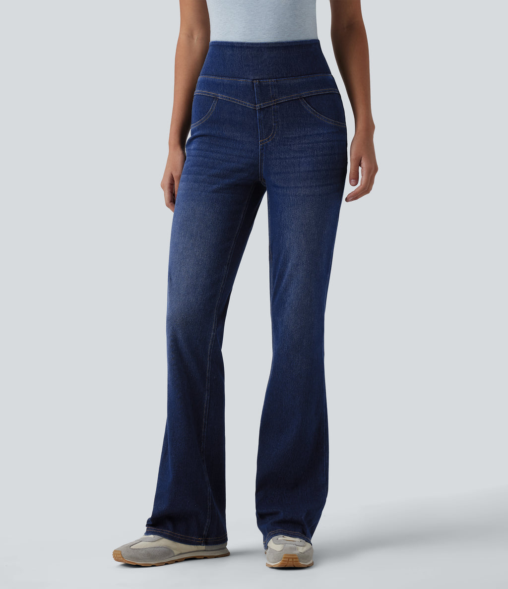High Waisted Casual Slim Flare Jeans with Pockets — Estate Blue Denim — view 3