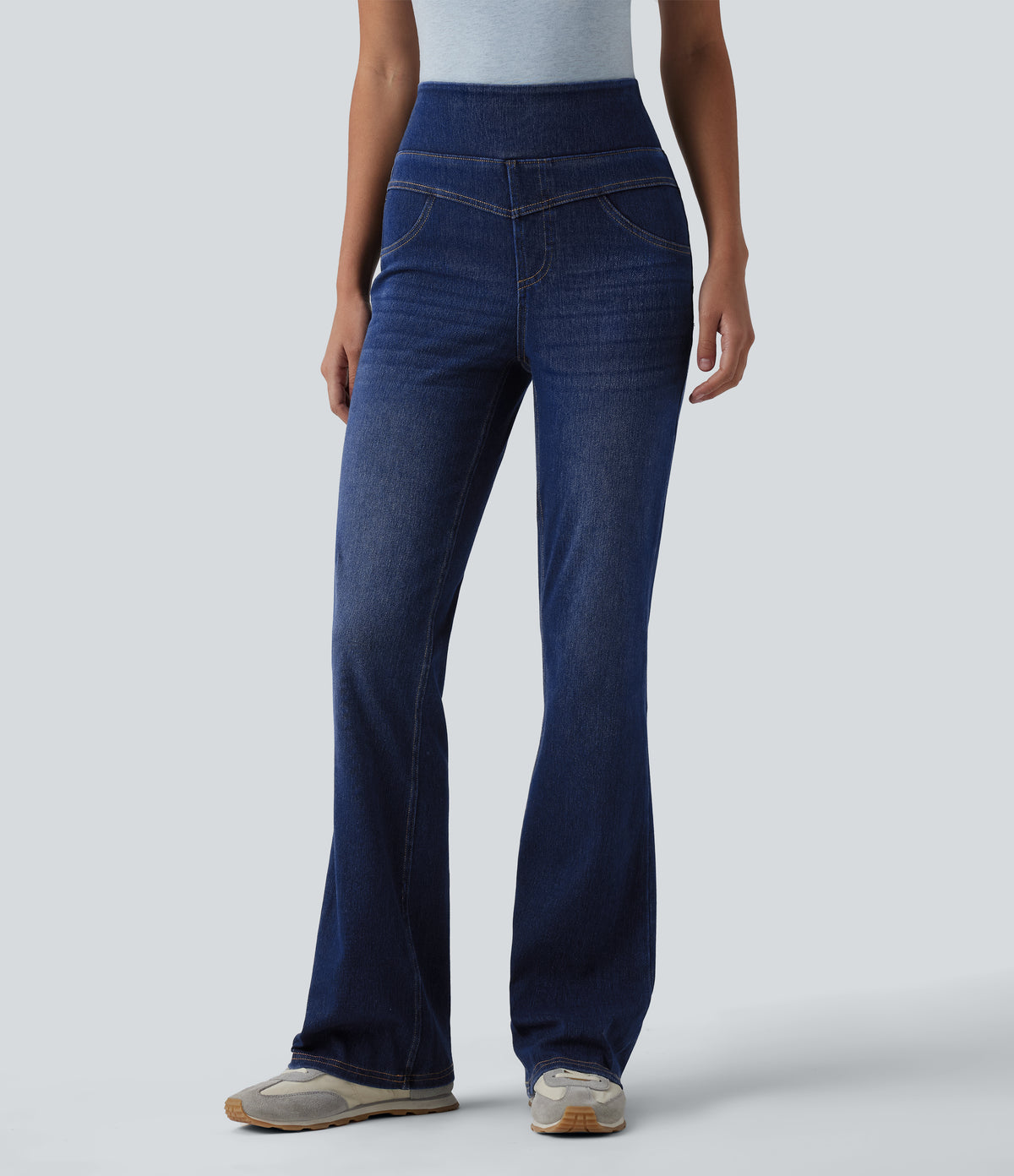 High Waisted Casual Slim Flare Jeans with Pockets — Estate Blue Denim — view 3