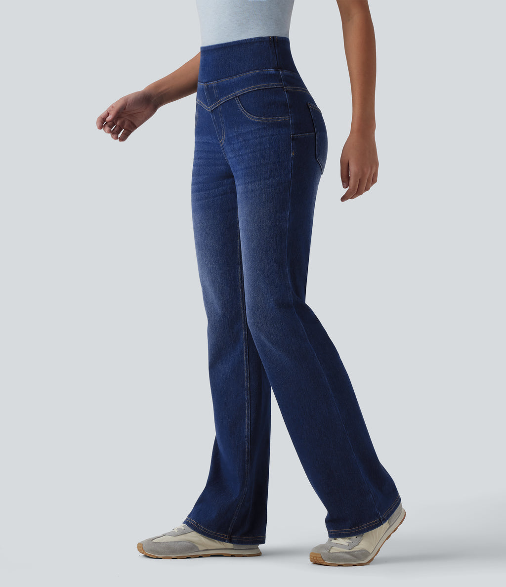 High Waisted Casual Slim Flare Jeans with Pockets — Estate Blue Denim — view 1