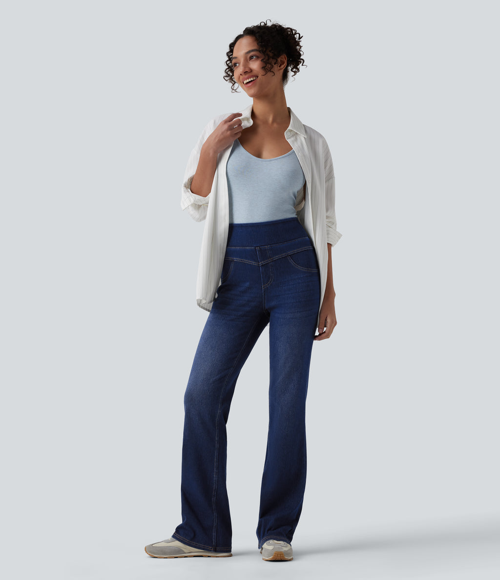 High Waisted Casual Slim Flare Jeans with Pockets — Estate Blue Denim — view 6