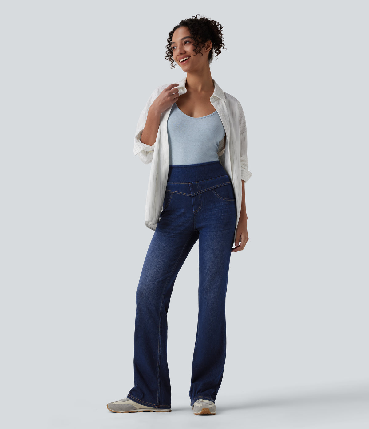 High Waisted Casual Slim Flare Jeans with Pockets — Estate Blue Denim — view 6