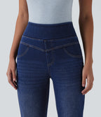 High Waisted Casual Slim Flare Jeans with Pockets — Estate Blue Denim — view 5