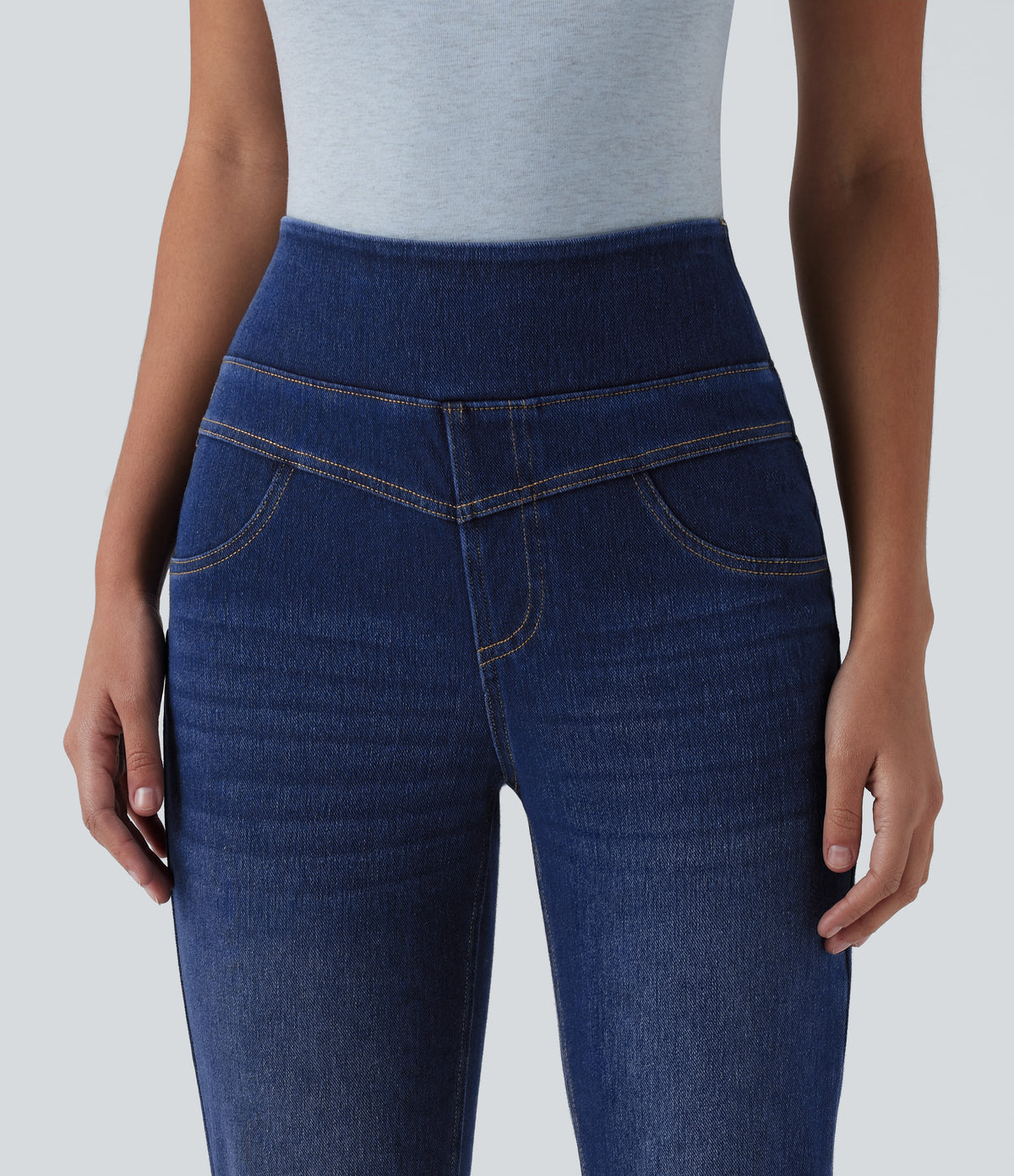 High Waisted Casual Slim Flare Jeans with Pockets — Estate Blue Denim — view 5