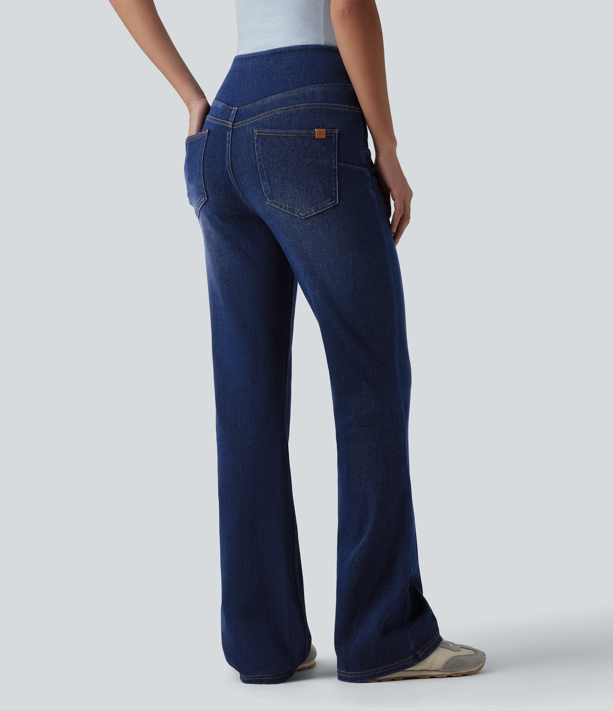 High Waisted Casual Slim Flare Jeans with Pockets — Estate Blue Denim — view 2