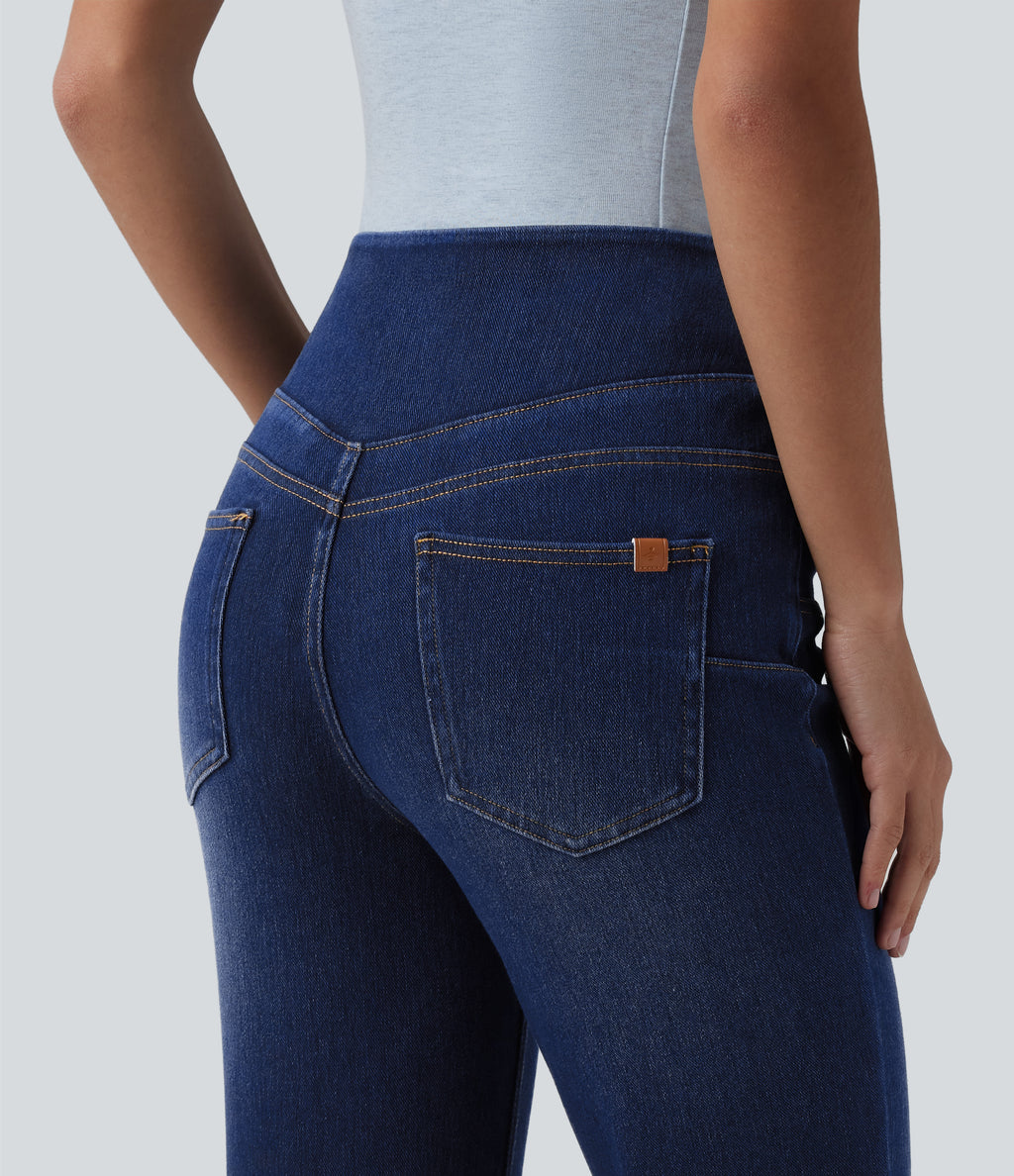 High Waisted Casual Slim Flare Jeans with Pockets — Estate Blue Denim — view 4