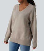 V-neck Dropped Shoulder Long Sleeve Casual Jumper — Doeskin — view 4