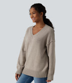 V-neck Dropped Shoulder Long Sleeve Casual Jumper — Doeskin — view 3