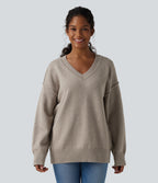V-neck Dropped Shoulder Long Sleeve Casual Jumper — Doeskin — view 1