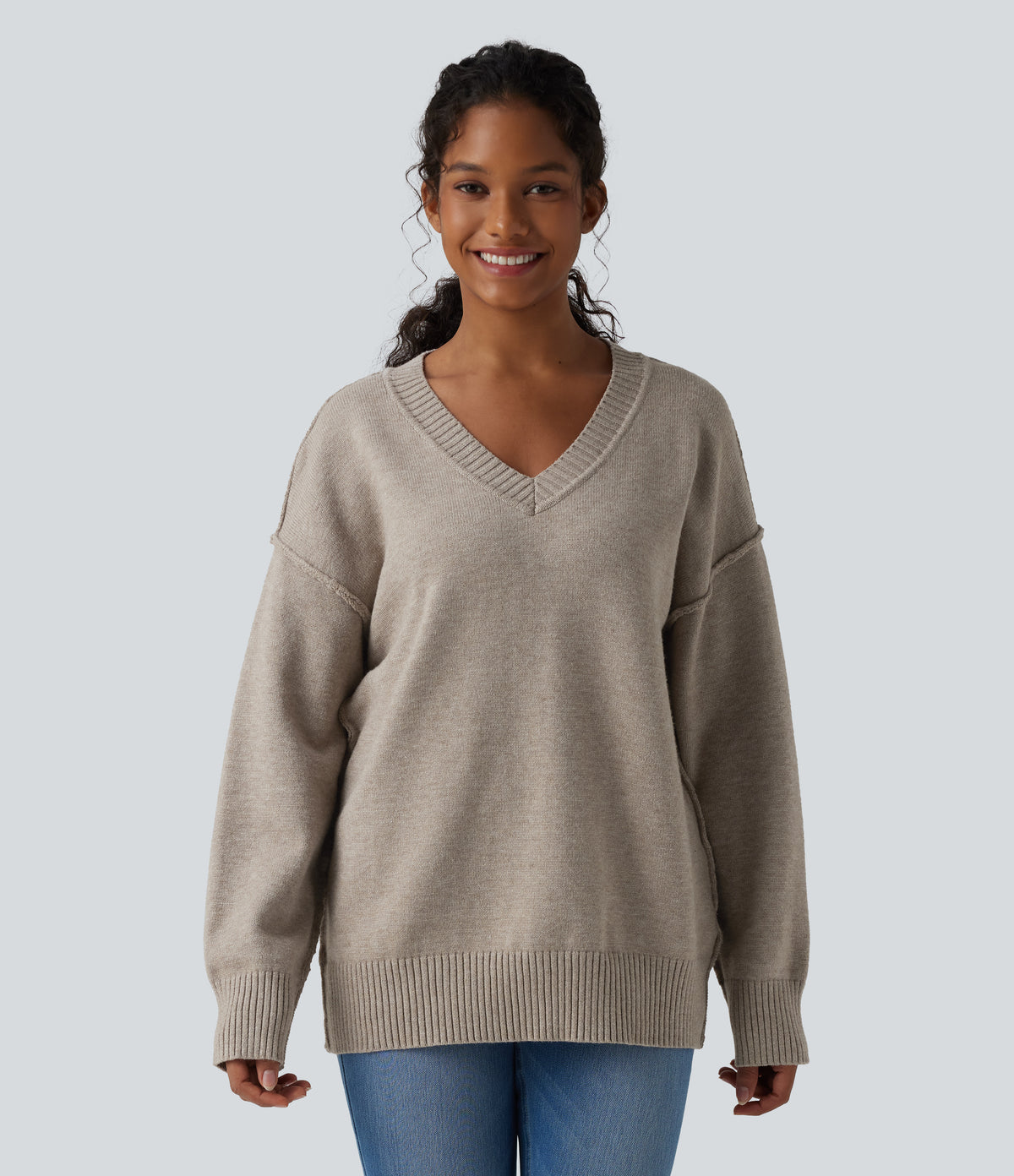 V-neck Dropped Shoulder Long Sleeve Casual Jumper — Doeskin — view 1