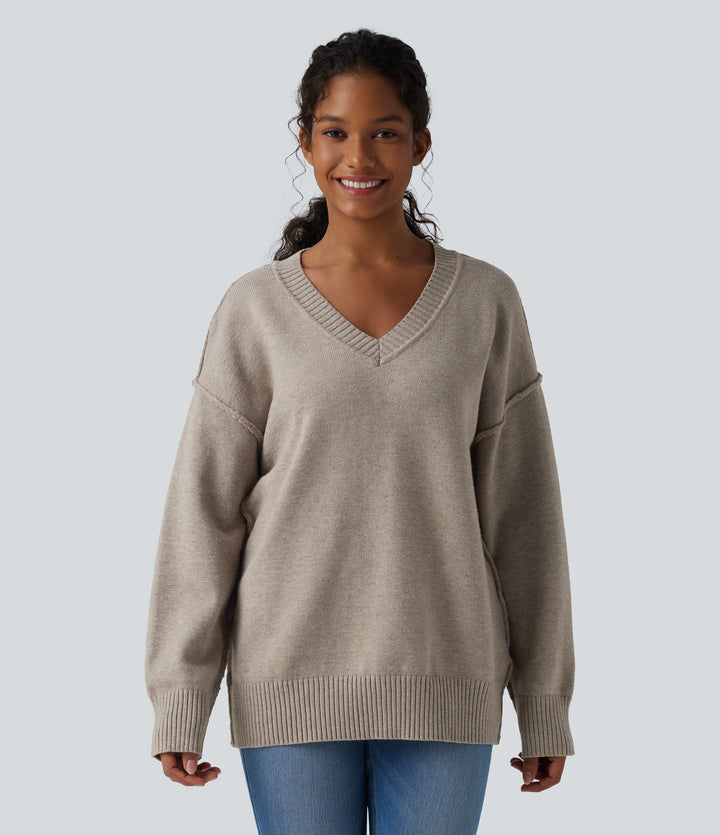 V-neck Dropped Shoulder Long Sleeve Casual Jumper — Doeskin — view 1