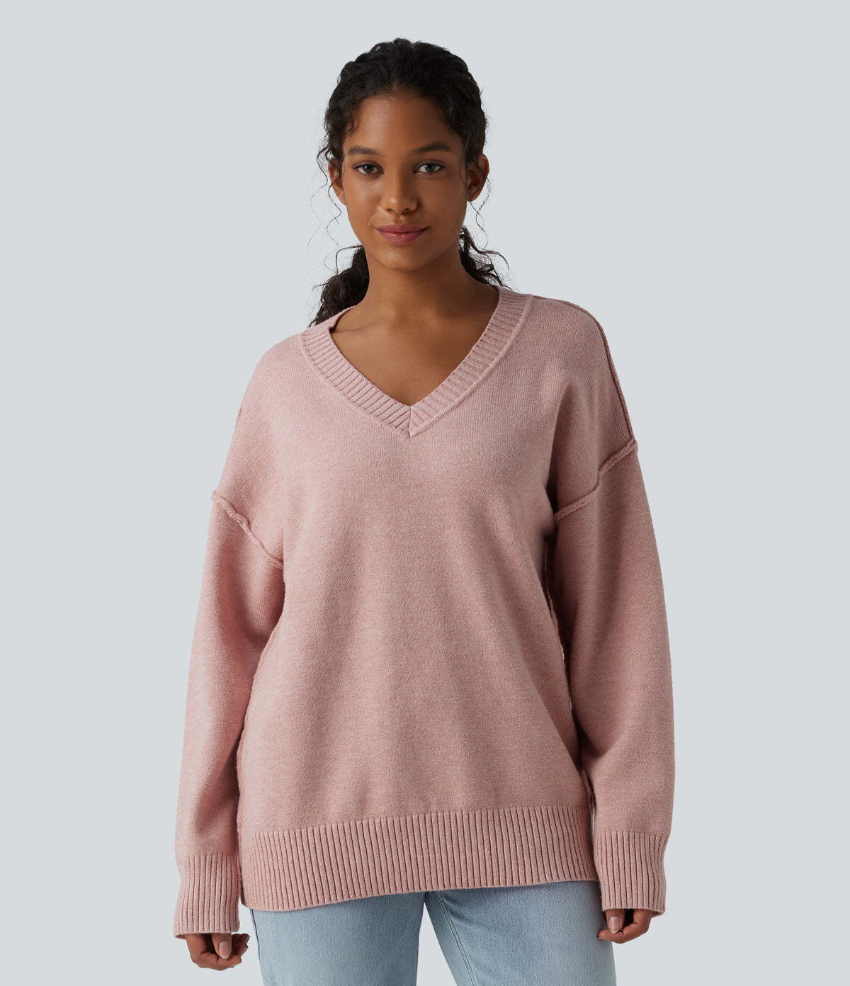 V-neck Dropped Shoulder Long Sleeve Casual Jumper — Peachskin — view 6