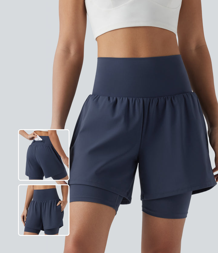 Airy Super High Waisted 2-in-1 InstantCool Yoga Shorts 7'' with Pockets — Mood Indigo — view 1
