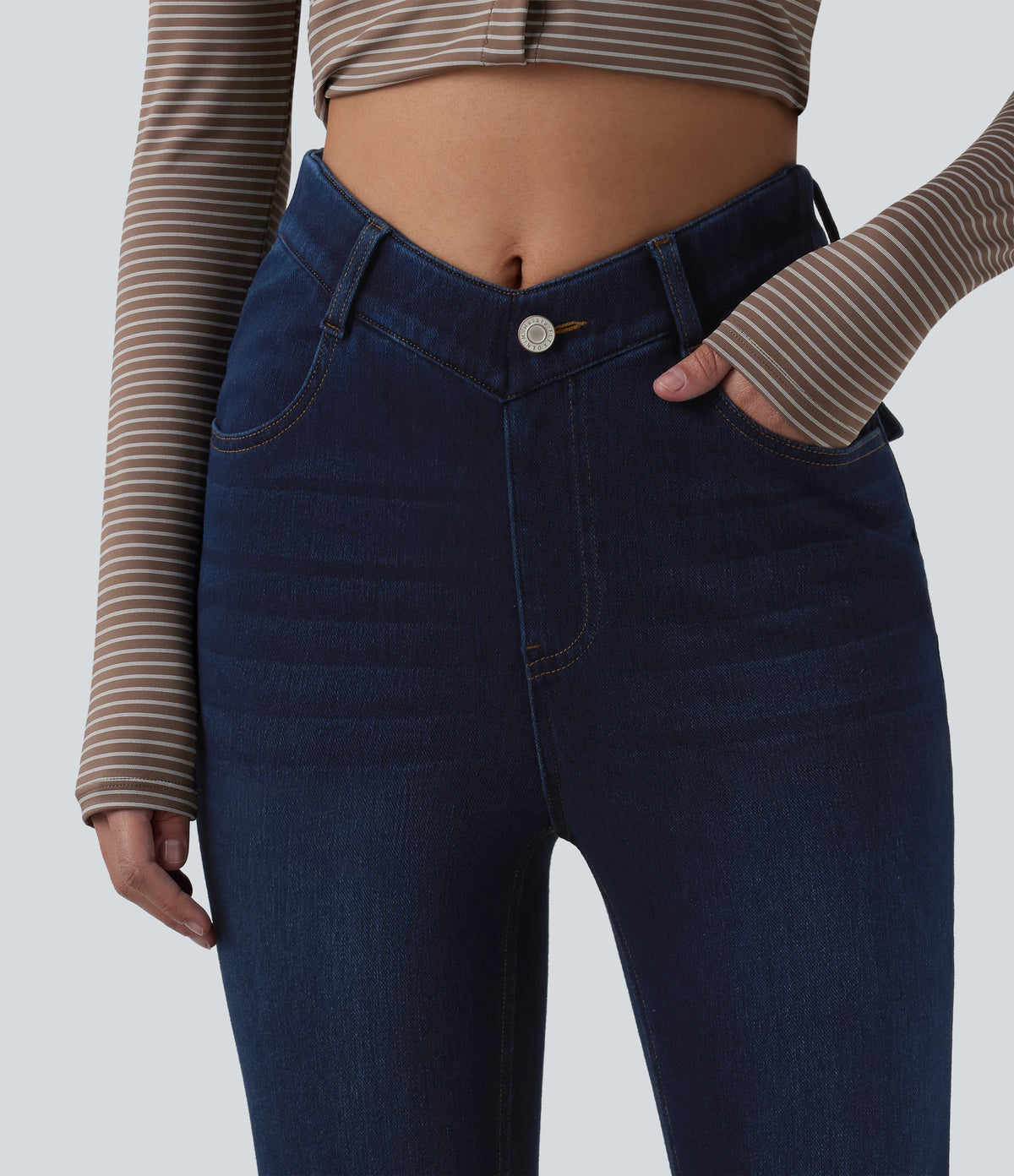V-Shaped High Waisted Casual Flare Jeans with Pockets — Pageant Blue Denim — view 5