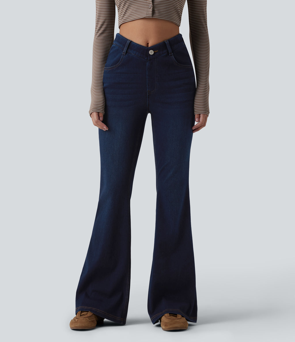 V-Shaped High Waisted Casual Flare Jeans with Pockets — Pageant Blue Denim — view 3