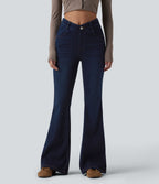 V-Shaped High Waisted Casual Flare Jeans with Pockets — Pageant Blue Denim — view 3